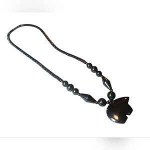 Black Beaded Hematite Bear Pendant Necklace With Screw Together Closure